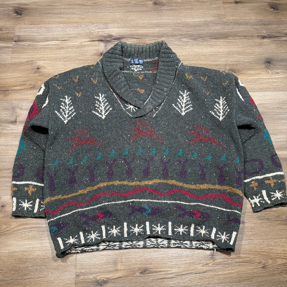 Lands' End Sweater Men's LARGE Heavy Wool Green Shawl Collar Reindeer Christmas